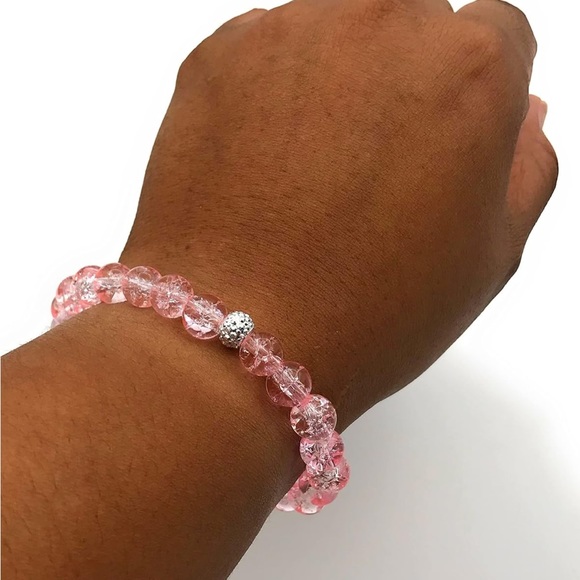 Pink Crackle Glass Beaded Stretch Bracelet - Picture 2 of 3